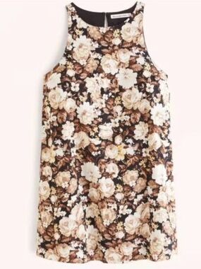 Abercrombie & Fitch High-Neck Linen-Blend Mini Dress - Brown Floral - Medium